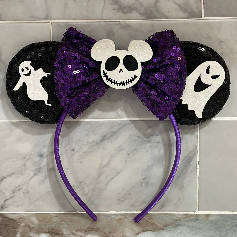 Mickey as Jack Skellington Minnie Mouse Sequin Ears Bow Headband Ghosts NBC NEW